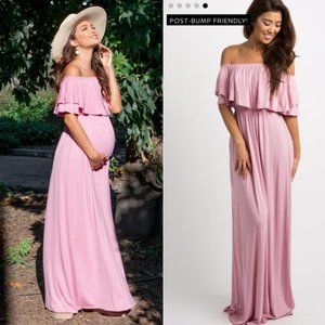 Pinkblush Ruffle Off Shoulder Maternity Maxi Dress Pastel Pink Stretch Pregnancy